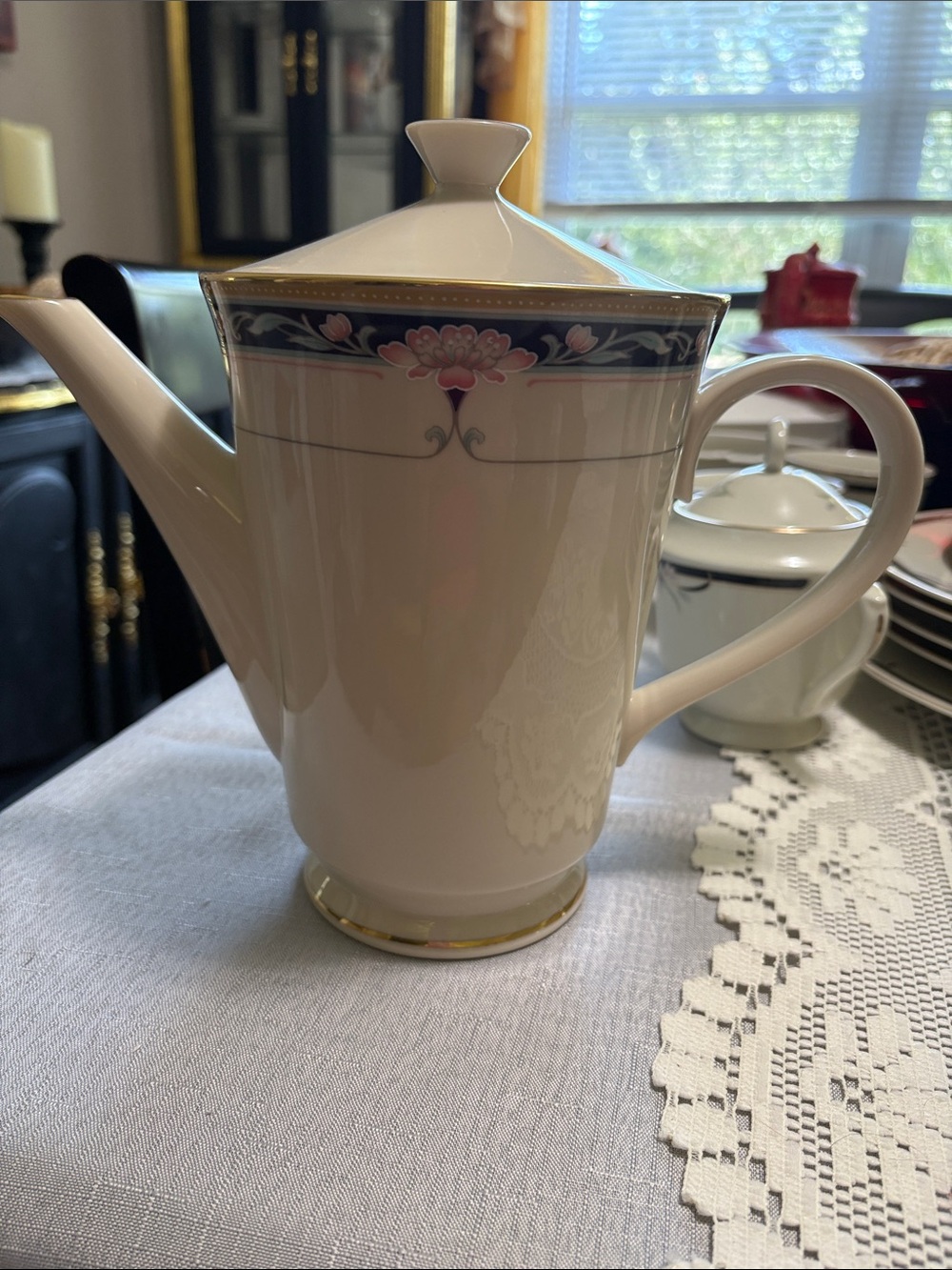 Lenox White Porcelain Teapot with Pink Floral and Gold Trim